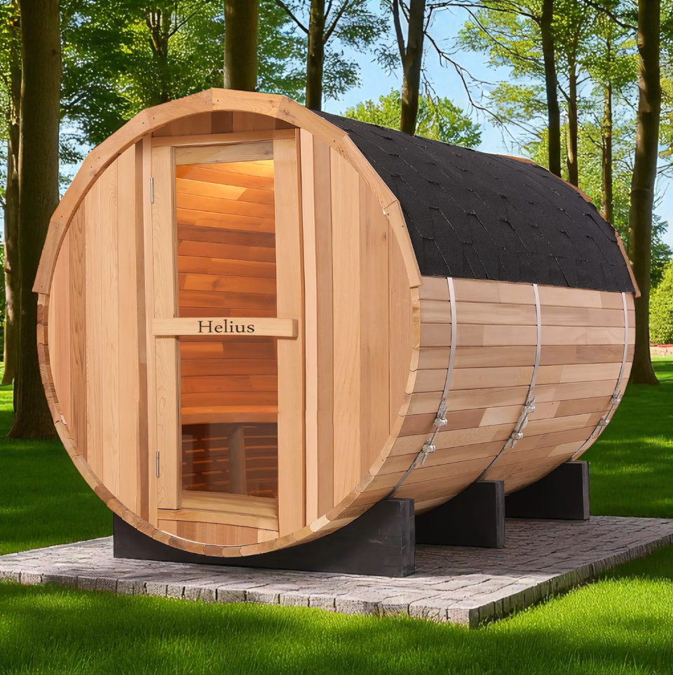 4-Person Patchwork Red Cedar Barrel Sauna by Helius