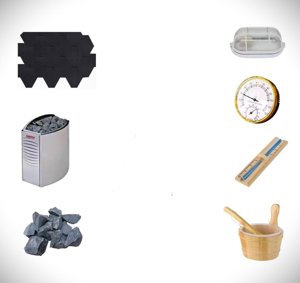 6-Person Cedar Barrel Sauna with Porch with Half Glass Window – 6kW Heater & Accessories