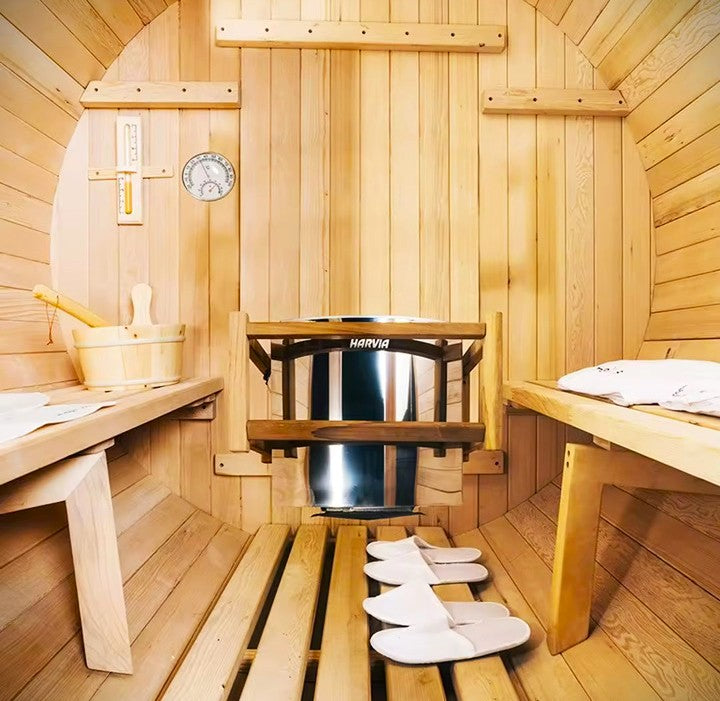 4-Person Patchwork Red Cedar Barrel Sauna by Helius