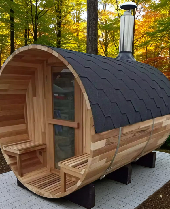6-Person Wood-Fired Red Cedar Barrel Sauna w/ Panoramic Window by Helius