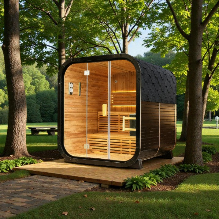 4-Person Deluxe Black Cube Cedar Sauna with 6kW Heater and Accessories