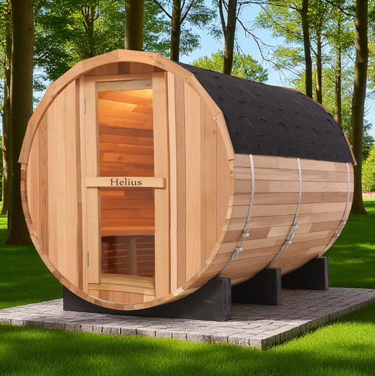 4-Person Patchwork Red Cedar Barrel Sauna by Helius