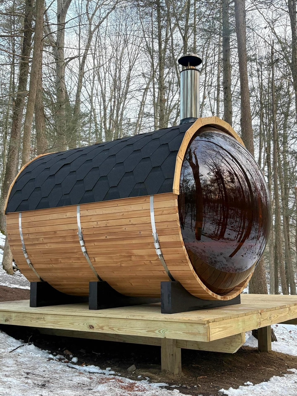 6-Person Wood-Fired Red Cedar Barrel Sauna w/ Panoramic Window