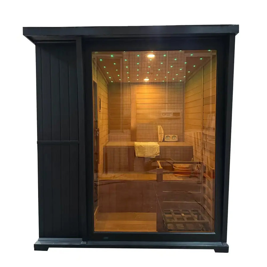 Elite Black Exterior Outdoor Sauna – Modern Home Wellness Cabin, front view