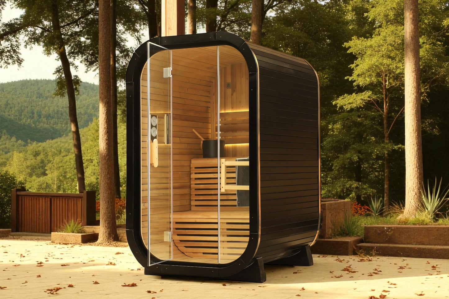 2-Person Deluxe Black Cube Cedar Sauna with 6kW Heater and Accessories