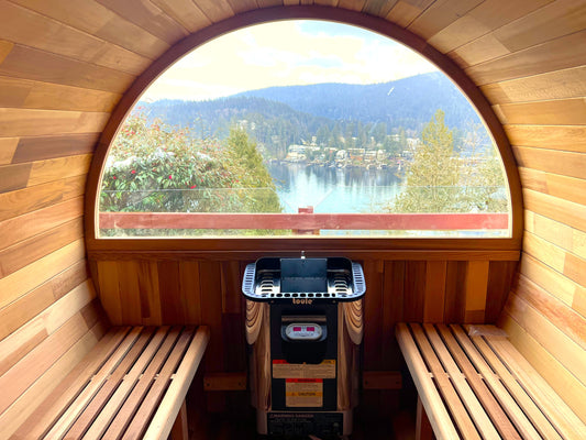 6-Person Cedar Barrel Sauna with Porch with Half Glass Window – 6kW Heater & Accessories