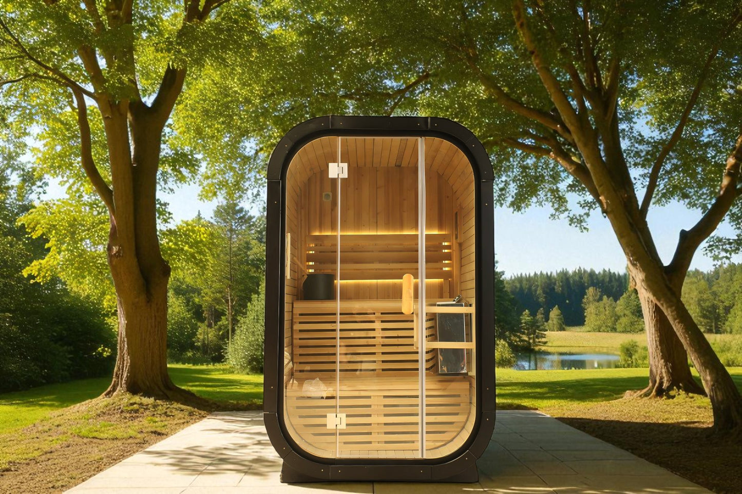 2-Person Deluxe Black Cube Cedar Sauna with 6kW Heater and Accessories