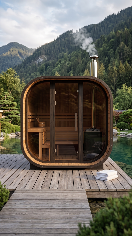 Black Square Premium Thermo Spruce Outdoor Cube Sauna w/ Wood Stove – 4 to 6 Person Capacity