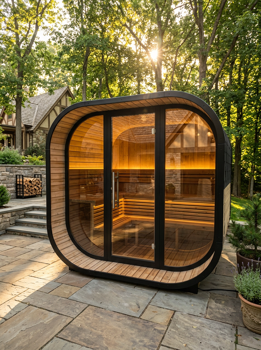 Black Square Premium Thermo Spruce Outdoor Cube Sauna w/ Wood Stove – 4 to 6 Person Capacity