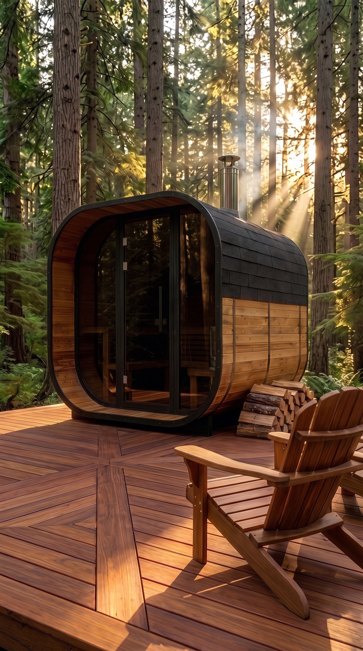 Black Square Premium Thermo Spruce Outdoor Cube Sauna w/ Wood Stove – 4 to 6 Person Capacity