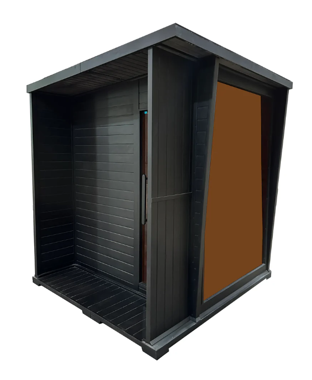 Durable carbonized hemlock exterior with sloped roof and asphalt shingles