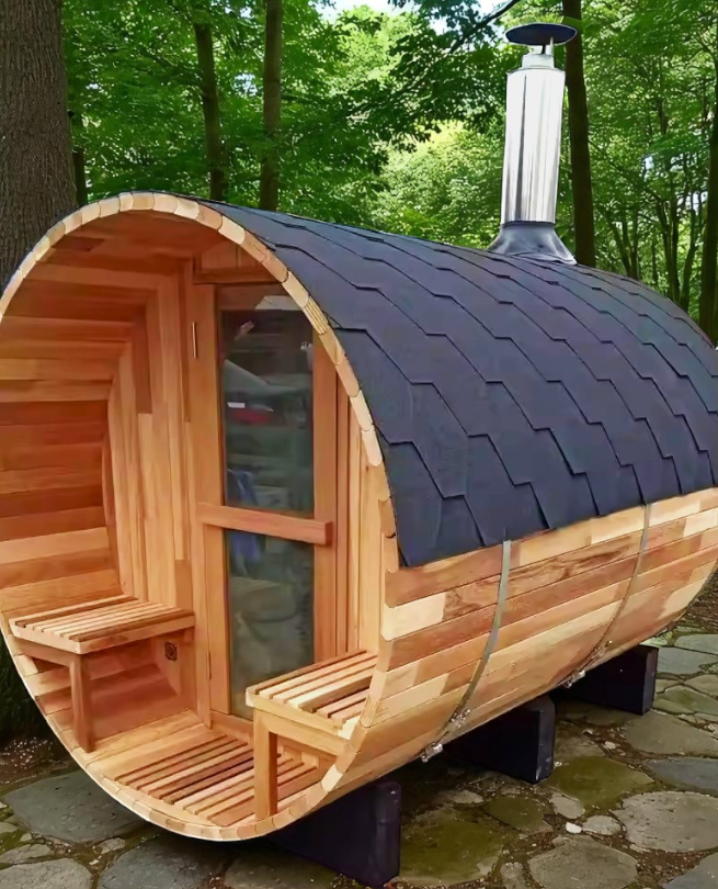 6-Person Wood-Fired Red Cedar Barrel Sauna by Helius